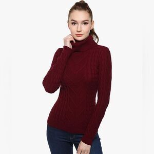 AmélieBoutik Women Cotton Turtleneck Cable Knit Long Sleeve Sweater Burgundy
